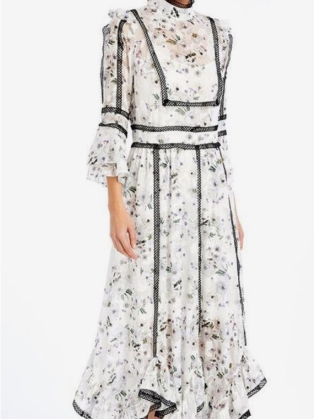 We Are Kindred White Floral Lace Maxi Dress with Black Trim sz 10